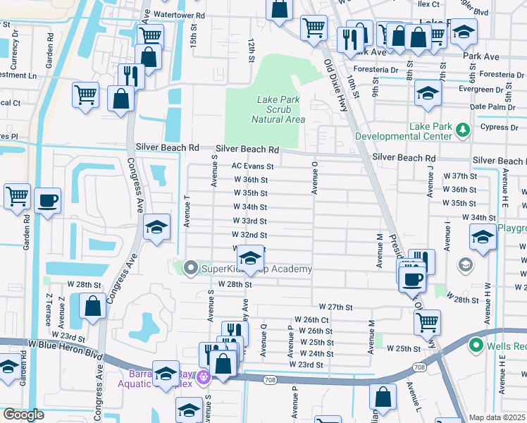 map of restaurants, bars, coffee shops, grocery stores, and more near 1445 West 34th Street in West Palm Beach