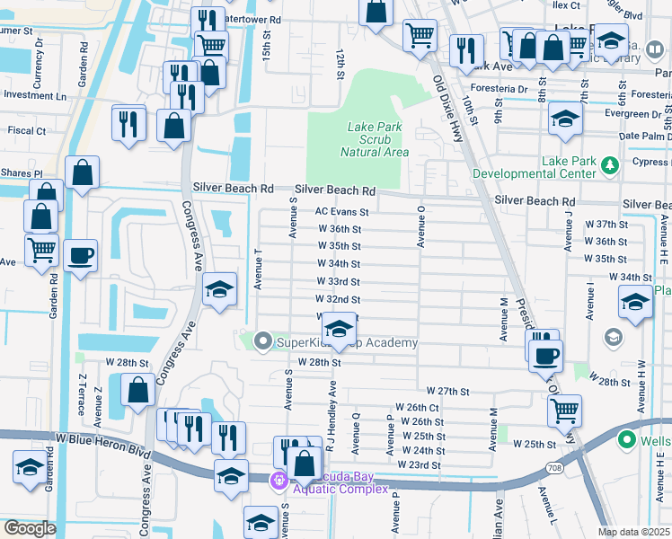map of restaurants, bars, coffee shops, grocery stores, and more near 1517 West 34th Street in West Palm Beach
