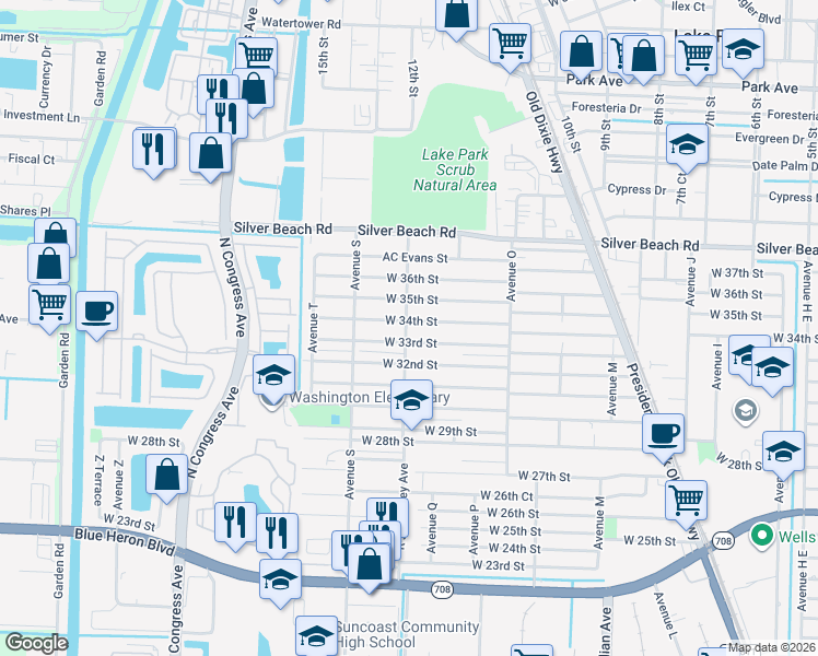 map of restaurants, bars, coffee shops, grocery stores, and more near 1497 West 34th Street in West Palm Beach