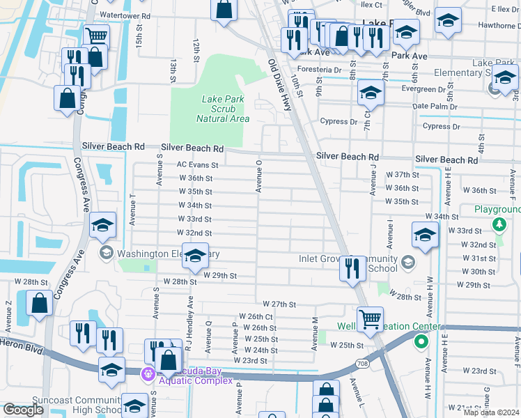 map of restaurants, bars, coffee shops, grocery stores, and more near 3400 Avenue O in West Palm Beach