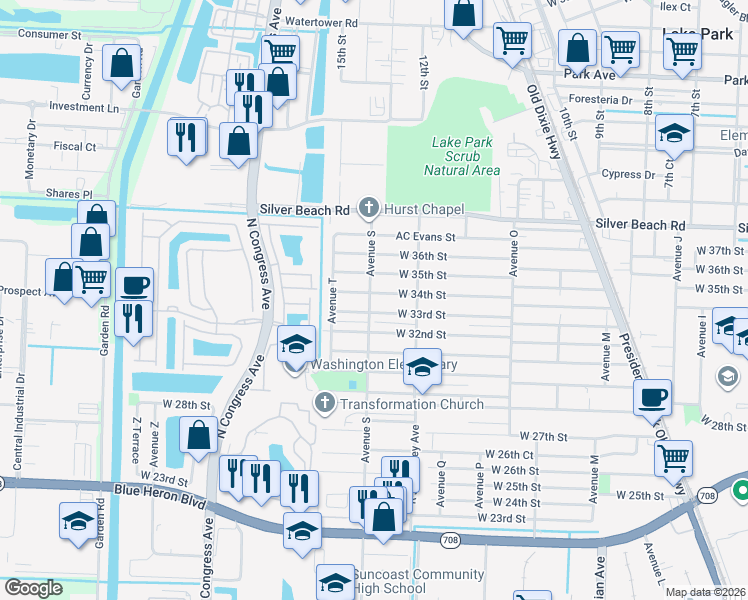 map of restaurants, bars, coffee shops, grocery stores, and more near 3318 Avenue S in Riviera Beach