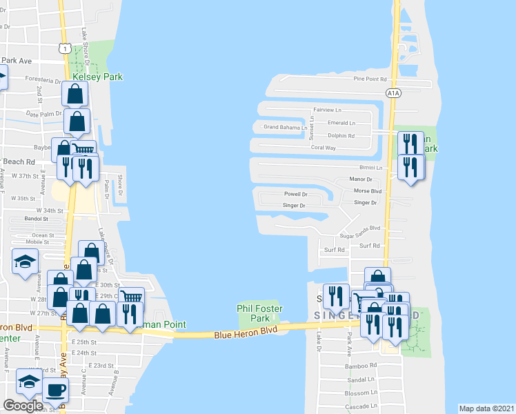 map of restaurants, bars, coffee shops, grocery stores, and more near 1021 Singer Drive in West Palm Beach