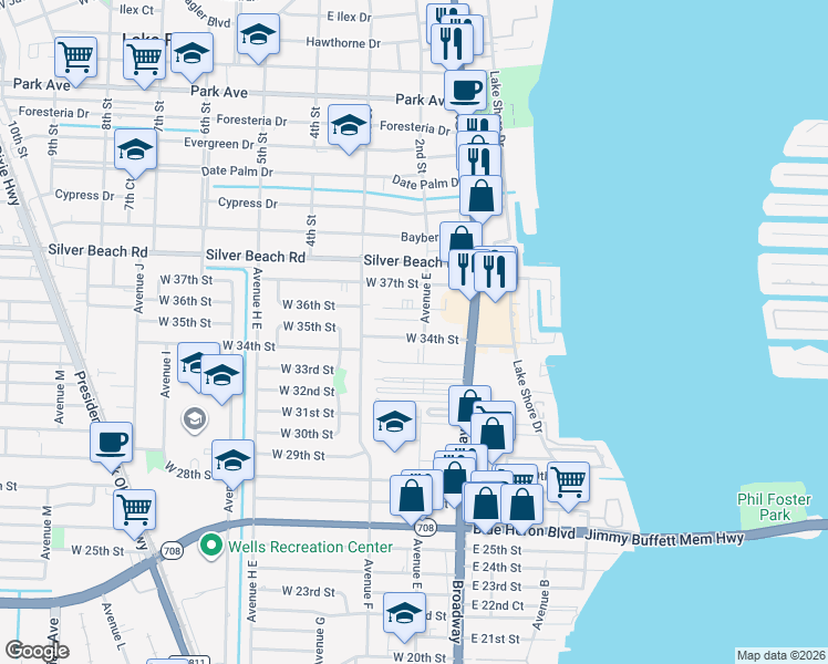 map of restaurants, bars, coffee shops, grocery stores, and more near 101 West 34th Street in West Palm Beach