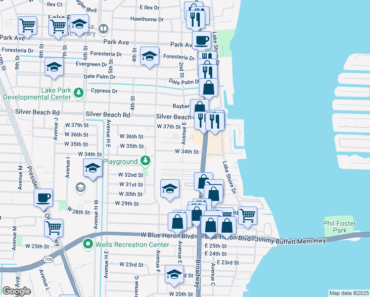 map of restaurants, bars, coffee shops, grocery stores, and more near 101 West 34th Street in West Palm Beach