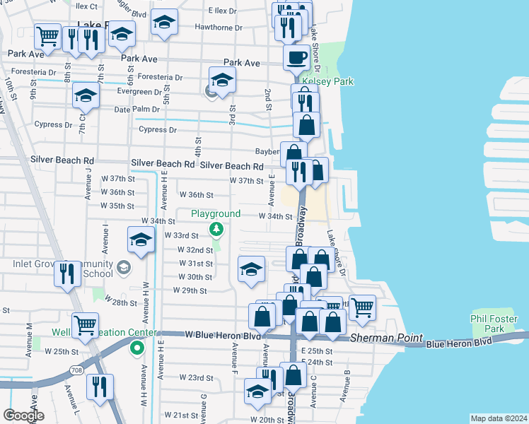 map of restaurants, bars, coffee shops, grocery stores, and more near 101 West 34th Street in West Palm Beach