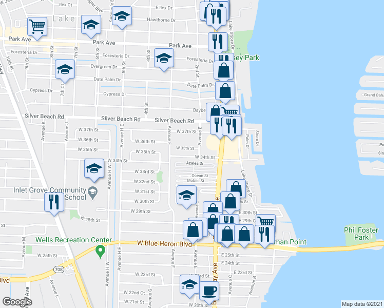 map of restaurants, bars, coffee shops, grocery stores, and more near 101 West 34th Street in West Palm Beach