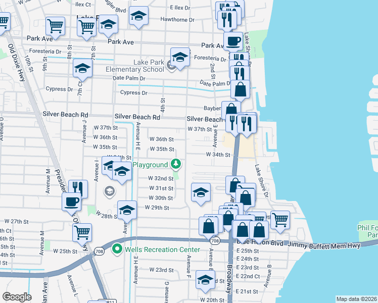 map of restaurants, bars, coffee shops, grocery stores, and more near 171 West 34th Street in West Palm Beach