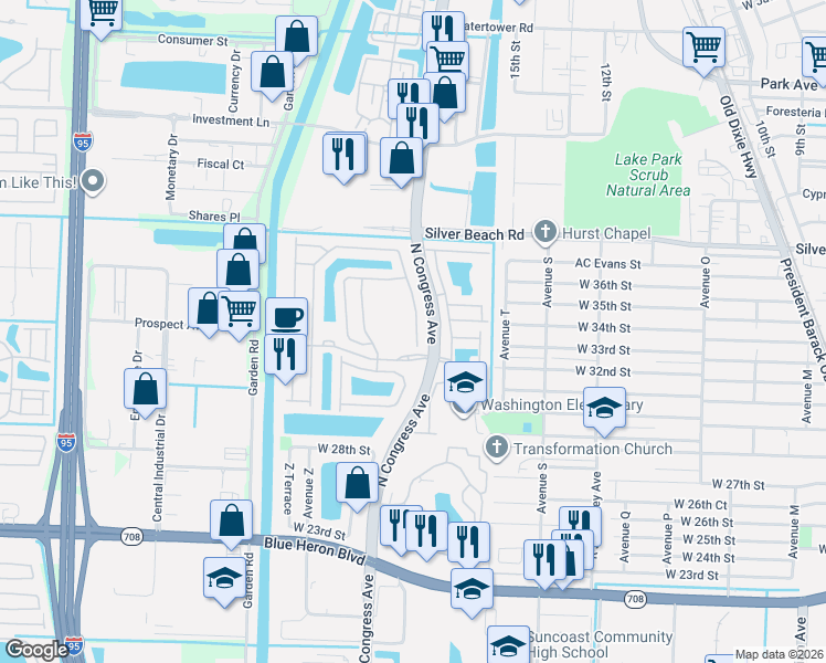 map of restaurants, bars, coffee shops, grocery stores, and more near 2373 Centre Stone Lane in Riviera Beach