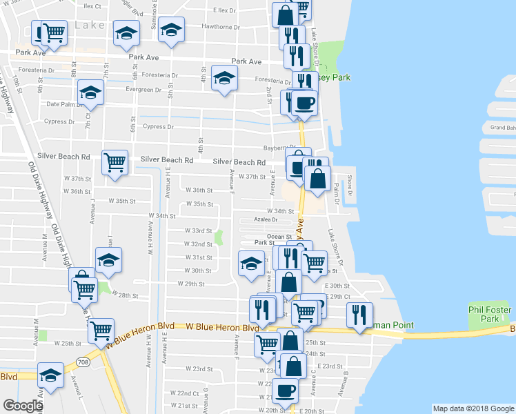 map of restaurants, bars, coffee shops, grocery stores, and more near 101 West 34th Street in West Palm Beach