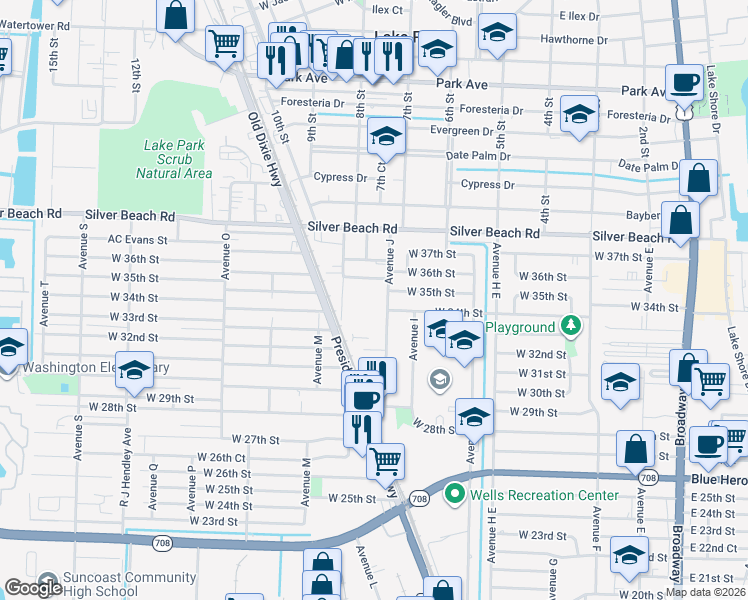 map of restaurants, bars, coffee shops, grocery stores, and more near 3375 Avenue J in West Palm Beach