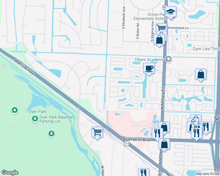 map of restaurants, bars, coffee shops, grocery stores, and more near 5167 Elpine Way in West Palm Beach