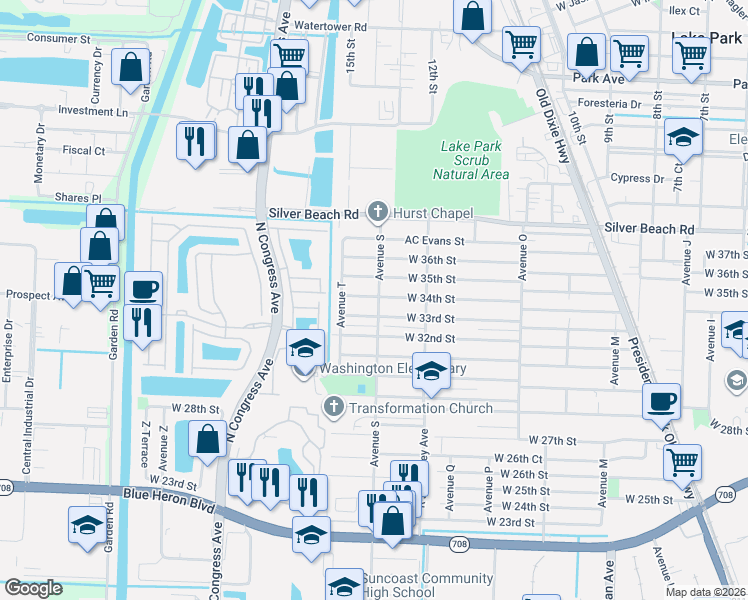 map of restaurants, bars, coffee shops, grocery stores, and more near 3318 Avenue S in Riviera Beach