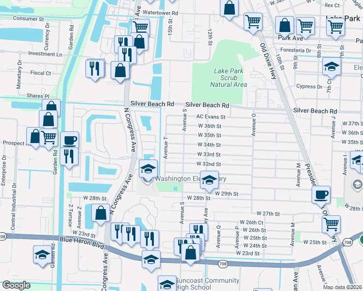 map of restaurants, bars, coffee shops, grocery stores, and more near 3318 Avenue S in Riviera Beach