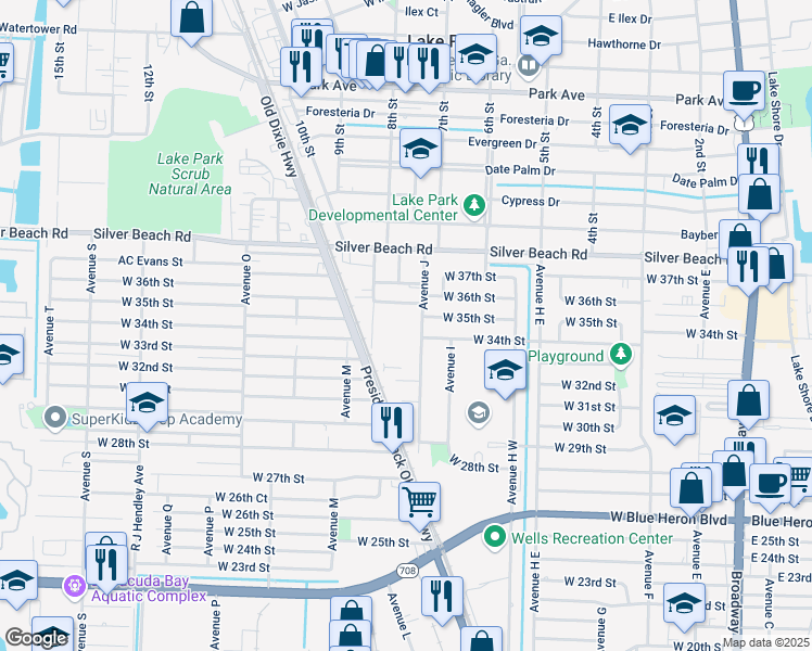 map of restaurants, bars, coffee shops, grocery stores, and more near 3319 Avenue J in West Palm Beach