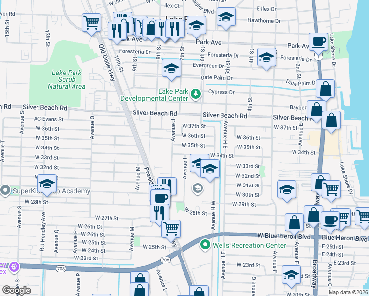 map of restaurants, bars, coffee shops, grocery stores, and more near 706 West 34th Street in Riviera Beach