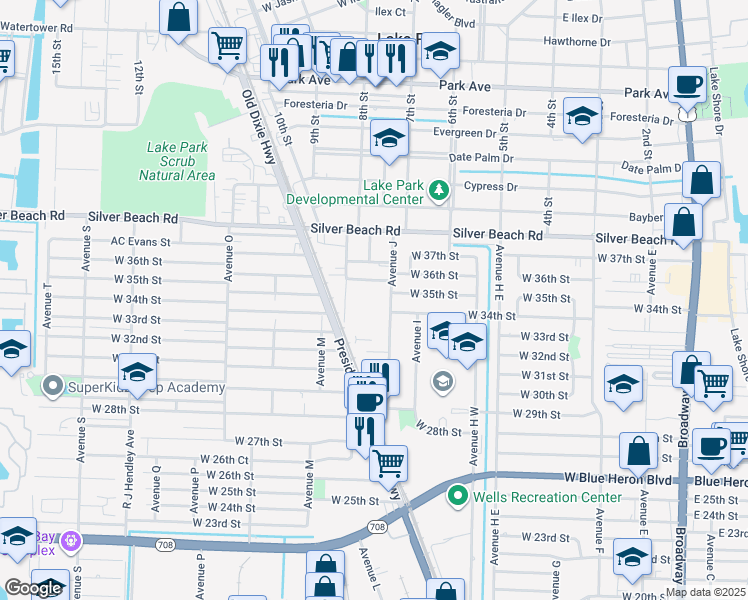 map of restaurants, bars, coffee shops, grocery stores, and more near 3375 Avenue J in West Palm Beach