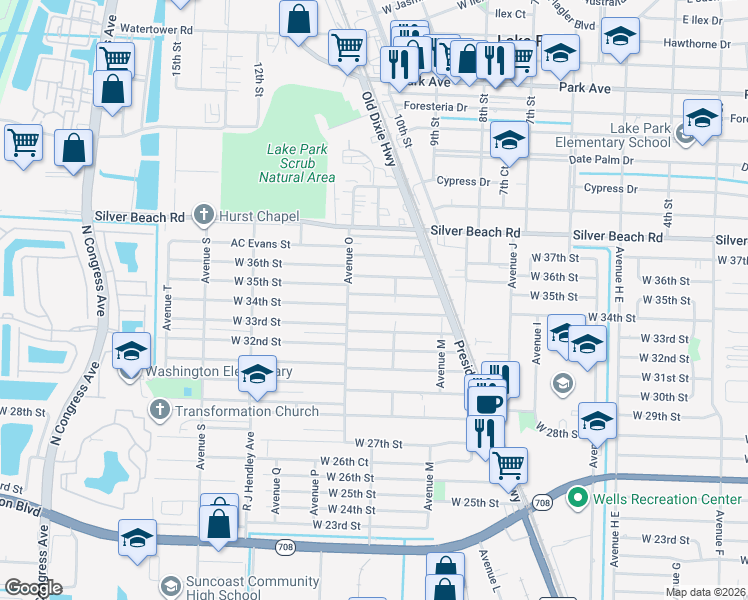 map of restaurants, bars, coffee shops, grocery stores, and more near 1232 West 34th Street in West Palm Beach