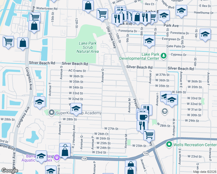 map of restaurants, bars, coffee shops, grocery stores, and more near 1257 West 35th Street in West Palm Beach