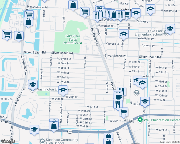 map of restaurants, bars, coffee shops, grocery stores, and more near 1232 West 34th Street in West Palm Beach
