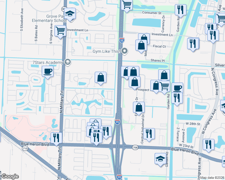 map of restaurants, bars, coffee shops, grocery stores, and more near 1004 Sweet Briar Lane in Riviera Beach