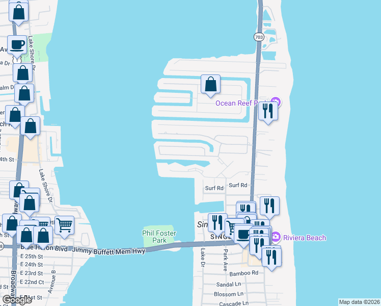 map of restaurants, bars, coffee shops, grocery stores, and more near 1111 Singer Drive in Riviera Beach