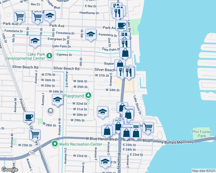 map of restaurants, bars, coffee shops, grocery stores, and more near 111 West 35th Street in West Palm Beach