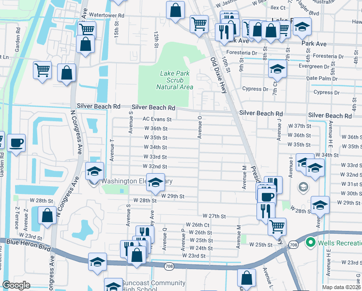 map of restaurants, bars, coffee shops, grocery stores, and more near 1380 W 34th St in Riviera Beach