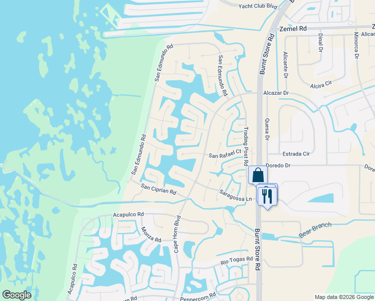 map of restaurants, bars, coffee shops, grocery stores, and more near 24335 San Rafael Court in Punta Gorda