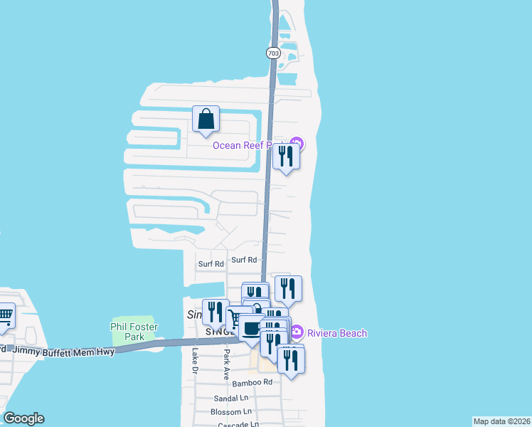 map of restaurants, bars, coffee shops, grocery stores, and more near 3600 North Ocean Drive in Riviera Beach
