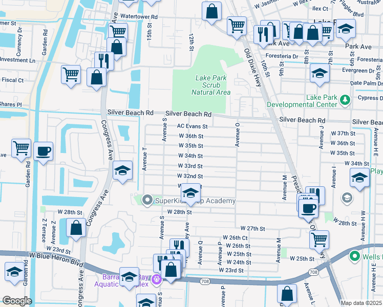 map of restaurants, bars, coffee shops, grocery stores, and more near 1445 West 34th Street in West Palm Beach