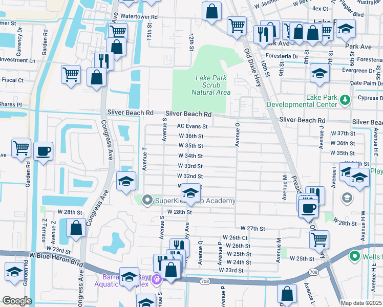 map of restaurants, bars, coffee shops, grocery stores, and more near 1445 West 34th Street in West Palm Beach