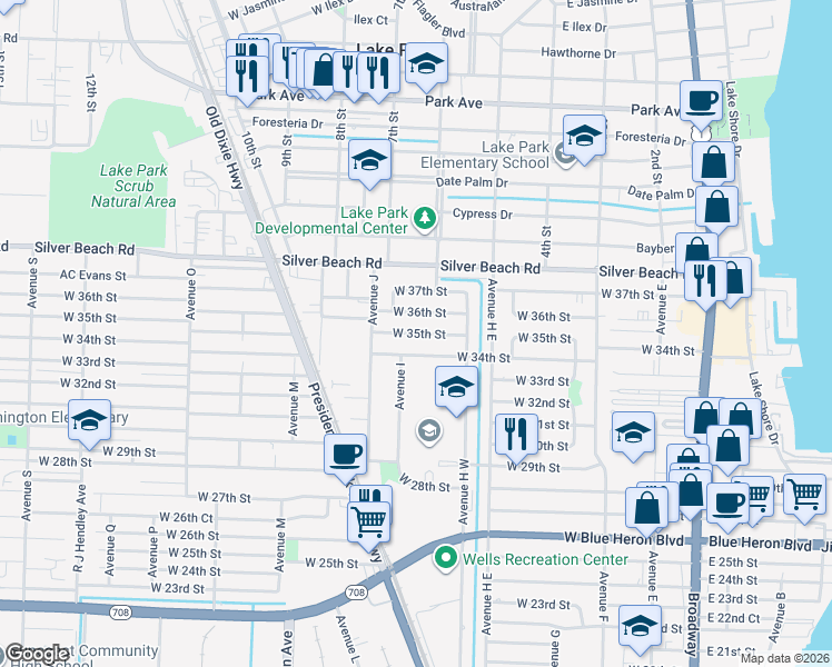 map of restaurants, bars, coffee shops, grocery stores, and more near 630 West 34th Street in West Palm Beach