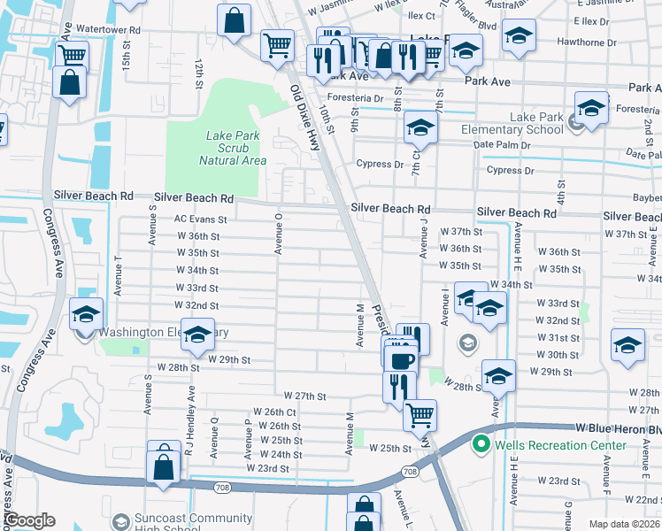 map of restaurants, bars, coffee shops, grocery stores, and more near 1156 West 34th Street in West Palm Beach