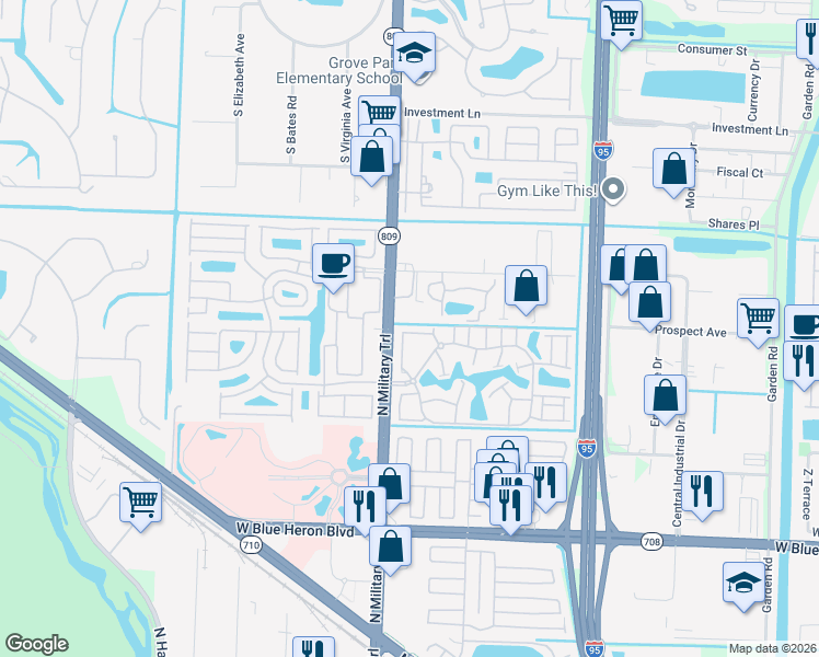map of restaurants, bars, coffee shops, grocery stores, and more near 4196 Napoli Lake Drive in West Palm Beach