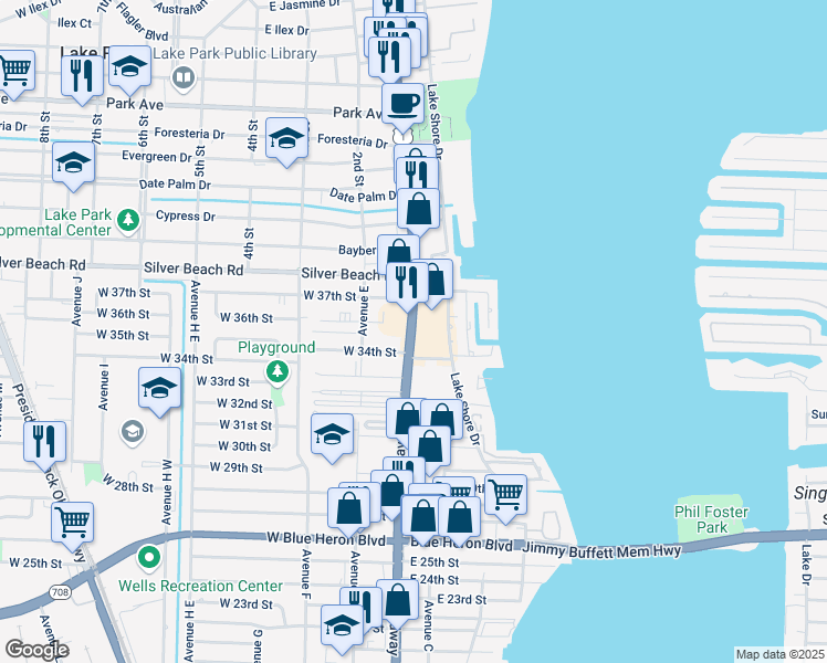 map of restaurants, bars, coffee shops, grocery stores, and more near 67 East 34th Street in Riviera Beach
