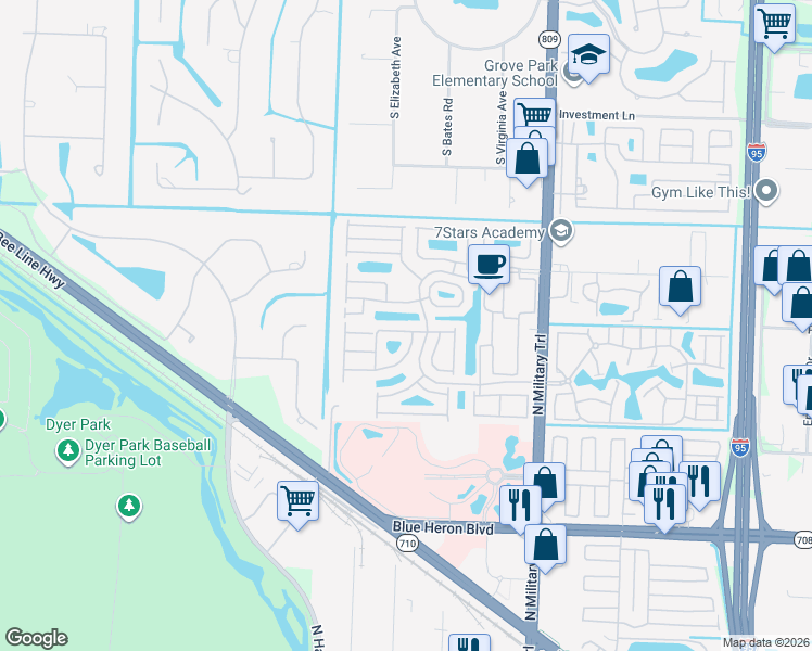 map of restaurants, bars, coffee shops, grocery stores, and more near 5105 Elpine Way in West Palm Beach