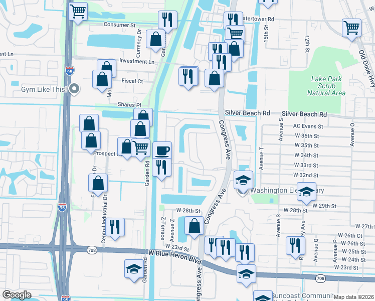 map of restaurants, bars, coffee shops, grocery stores, and more near 2119 Oakmont Drive in Riviera Beach