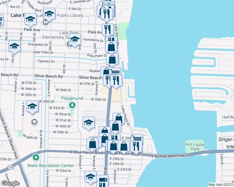 map of restaurants, bars, coffee shops, grocery stores, and more near 33-67 East 34th Street in Riviera Beach