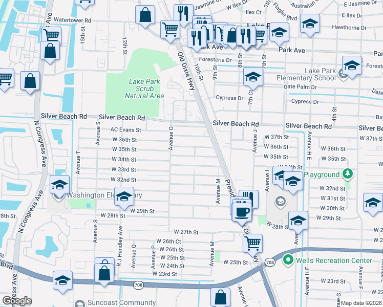 map of restaurants, bars, coffee shops, grocery stores, and more near 1238 West 36th Street in West Palm Beach