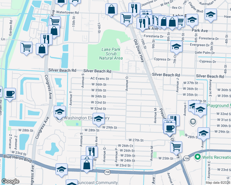 map of restaurants, bars, coffee shops, grocery stores, and more near 1381 West 36th Street in West Palm Beach