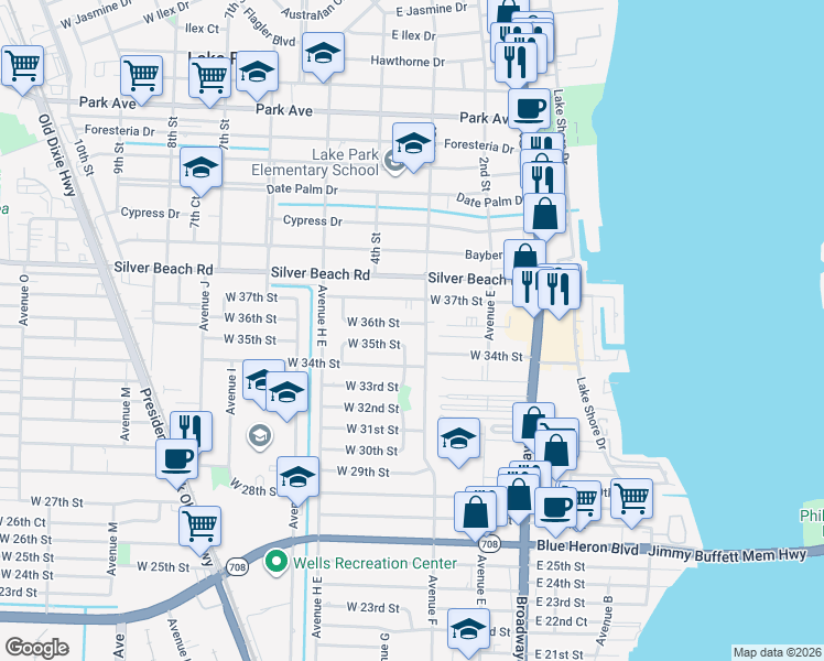 map of restaurants, bars, coffee shops, grocery stores, and more near 380 West 36th Street in West Palm Beach
