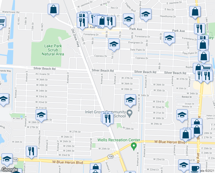 map of restaurants, bars, coffee shops, grocery stores, and more near 961 West 37th Street in Riviera Beach