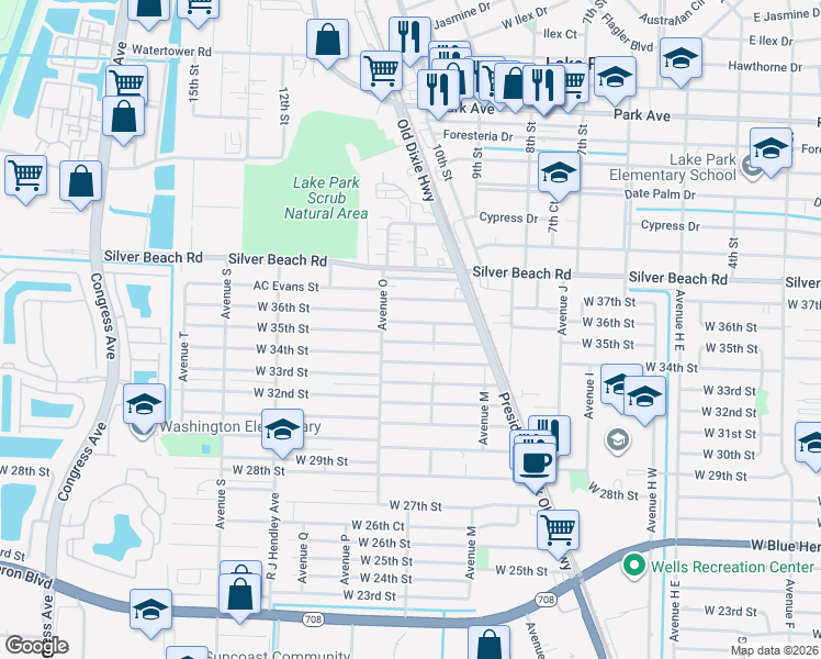 map of restaurants, bars, coffee shops, grocery stores, and more near 1238 West 36th Street in West Palm Beach