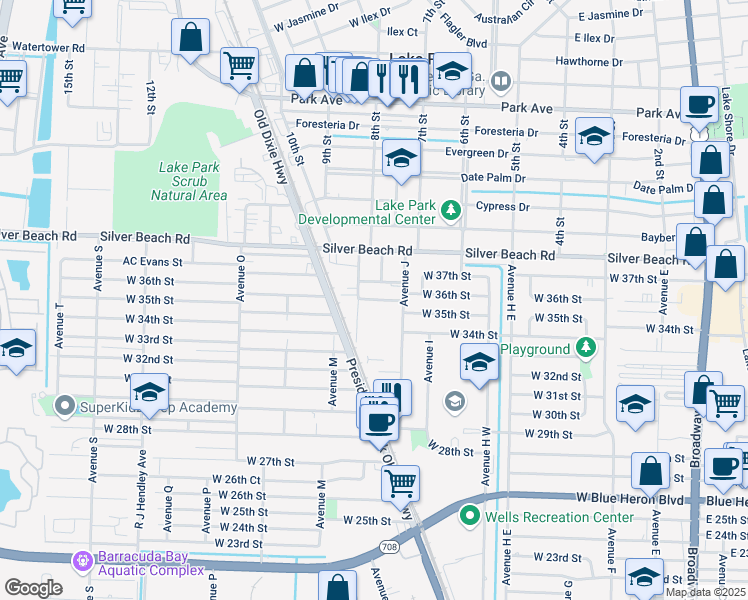 map of restaurants, bars, coffee shops, grocery stores, and more near 961 West 37th Street in Riviera Beach