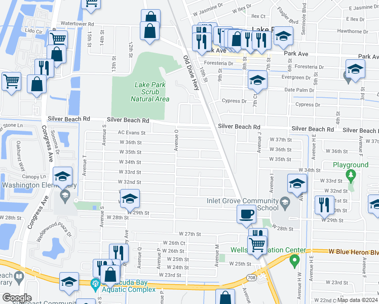 map of restaurants, bars, coffee shops, grocery stores, and more near 1238 West 36th Street in West Palm Beach