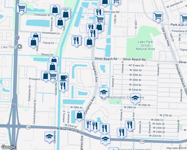 map of restaurants, bars, coffee shops, grocery stores, and more near 2345 Center Stone Ln in Riviera Beach