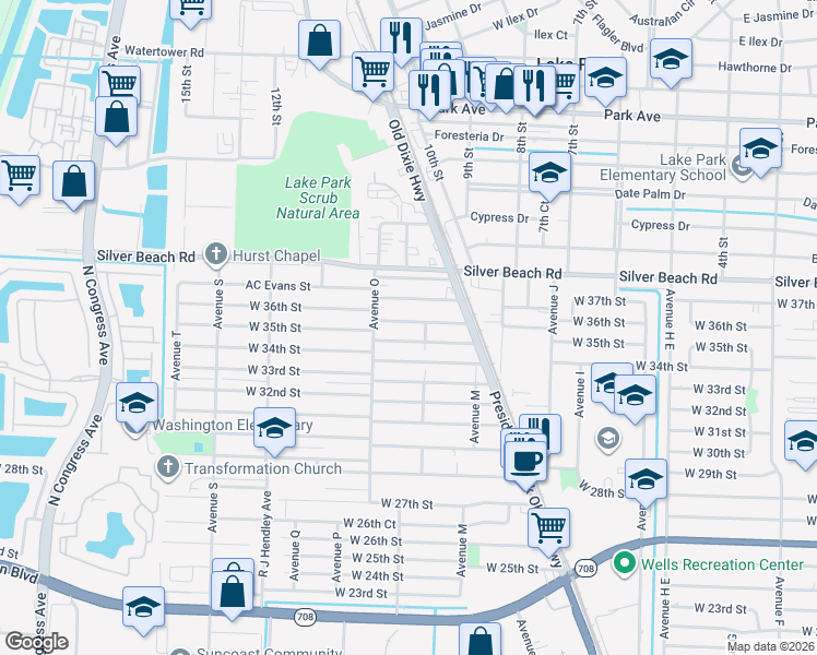 map of restaurants, bars, coffee shops, grocery stores, and more near 1238 West 36th Street in West Palm Beach
