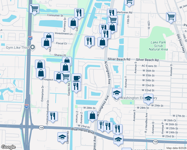 map of restaurants, bars, coffee shops, grocery stores, and more near 2060 Oakhurst Way in Riviera Beach