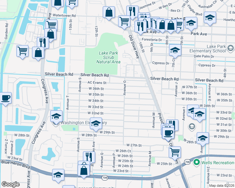 map of restaurants, bars, coffee shops, grocery stores, and more near 1381 West 36th Street in West Palm Beach