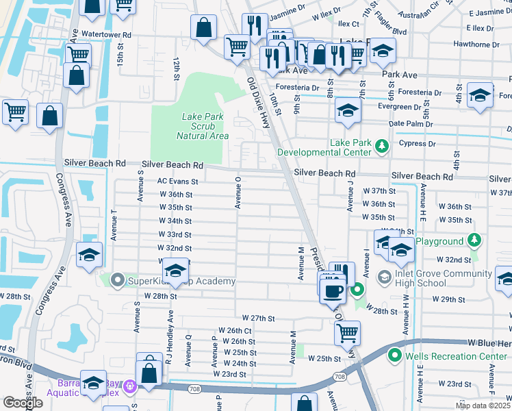 map of restaurants, bars, coffee shops, grocery stores, and more near 1238 West 36th Street in West Palm Beach
